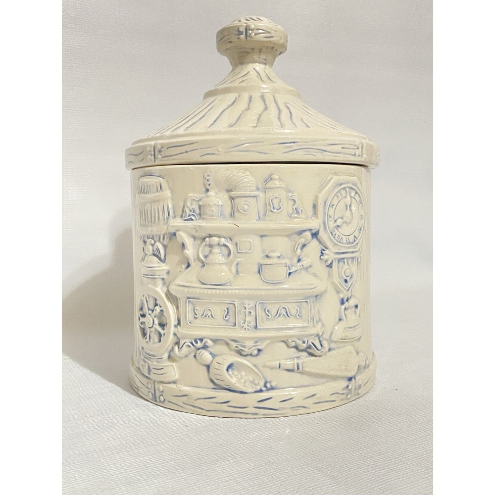 Vintage Old Fashion Stove Cookie Jar Canister Cream Blue Signed Farmhouse
